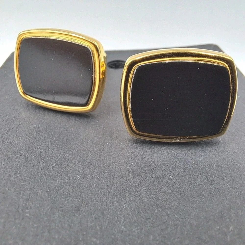 Vintage Men's Cuff Links Black Gold Tone Formal Casual Wedding Office Business